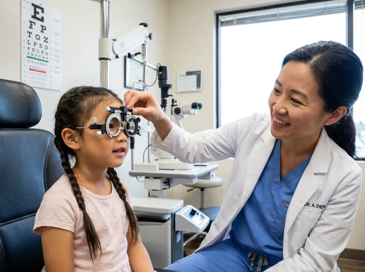 Optometrist examining a young girl's vision using a trial frame during an eye exam.