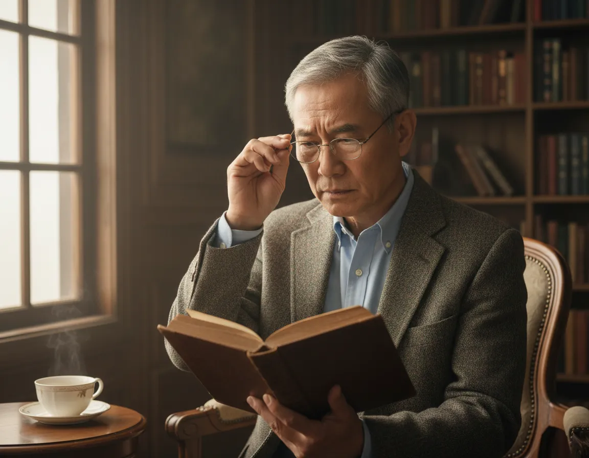 Older man intensely reading a book in a study, adjusting his glasses. Bookshelves and a steaming cup sit nearby.