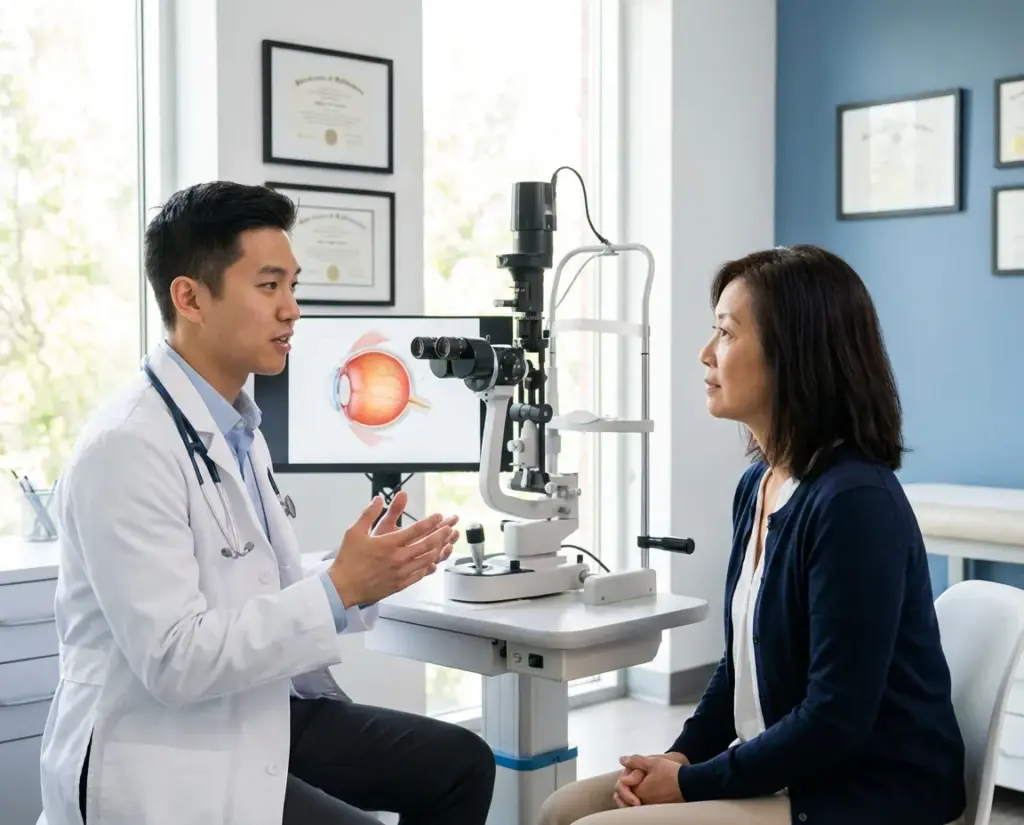 Asian male ophthalmologist consults with a female patient in an eye clinic. A slit lamp and a monitor displaying an eye diagram are nearby.