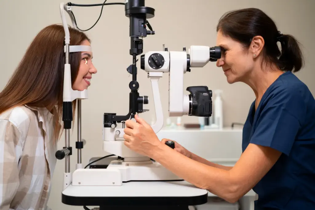 Optometrist examining a smiling patient's eye with a slit lamp microscope during a routine eye exam.