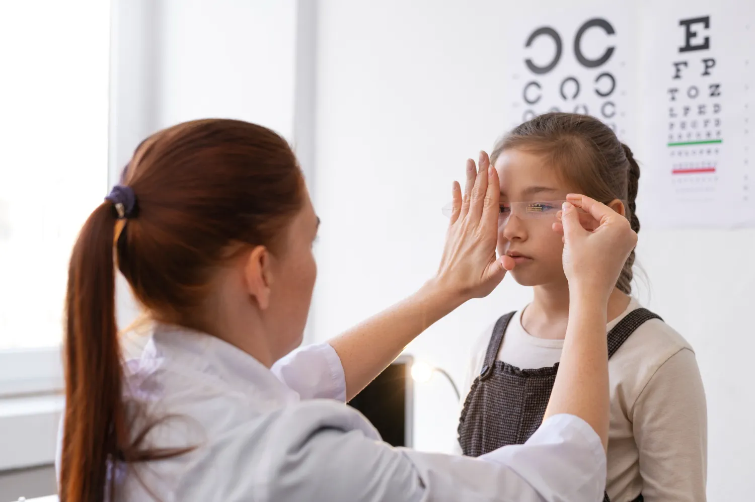 Optometrist examining a young girl's eyes with a vision chart in the background.