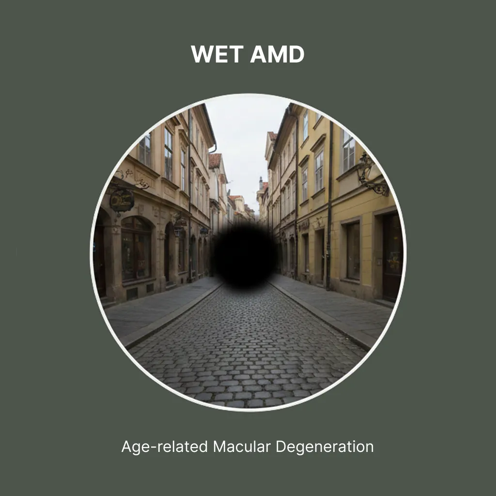 A circular view of a cobblestone street flanked by buildings, featuring a large, dark spot in the center to represent central vision loss from wet Age-related Macular Degeneration (AMD).