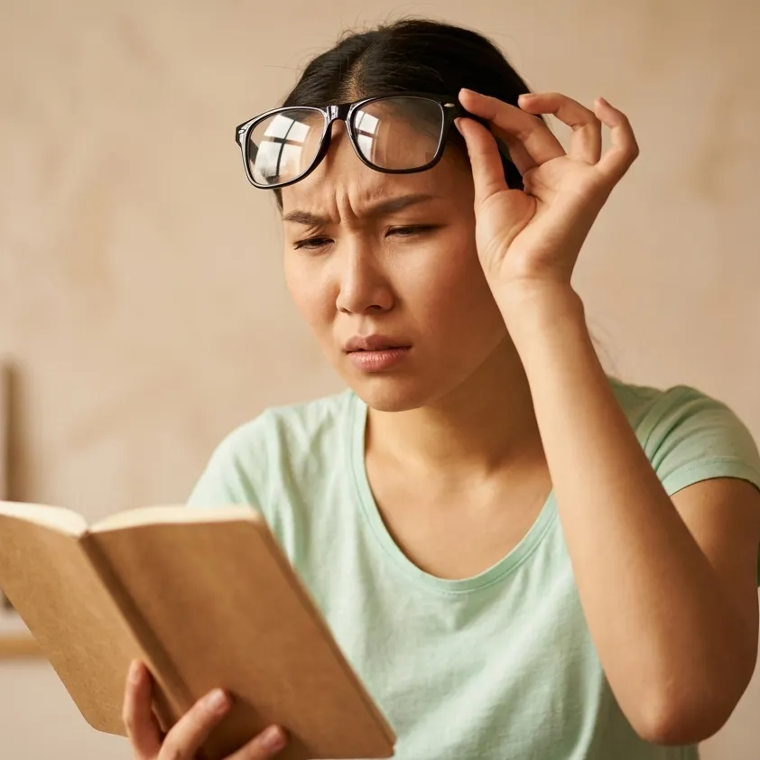 An Asian woman squinting and holding her glasses up to her forehead while struggling to read an open notebook, illustrating symptoms of hyperopia (farsightedness).