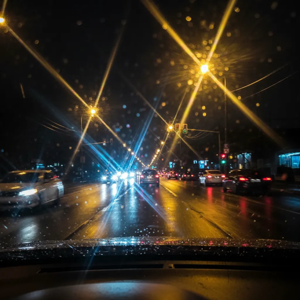 Night driving on a wet city street, viewed through a rain-streaked windshield. Intense starburst glare from yellow streetlights and headlights reflects off the asphalt.