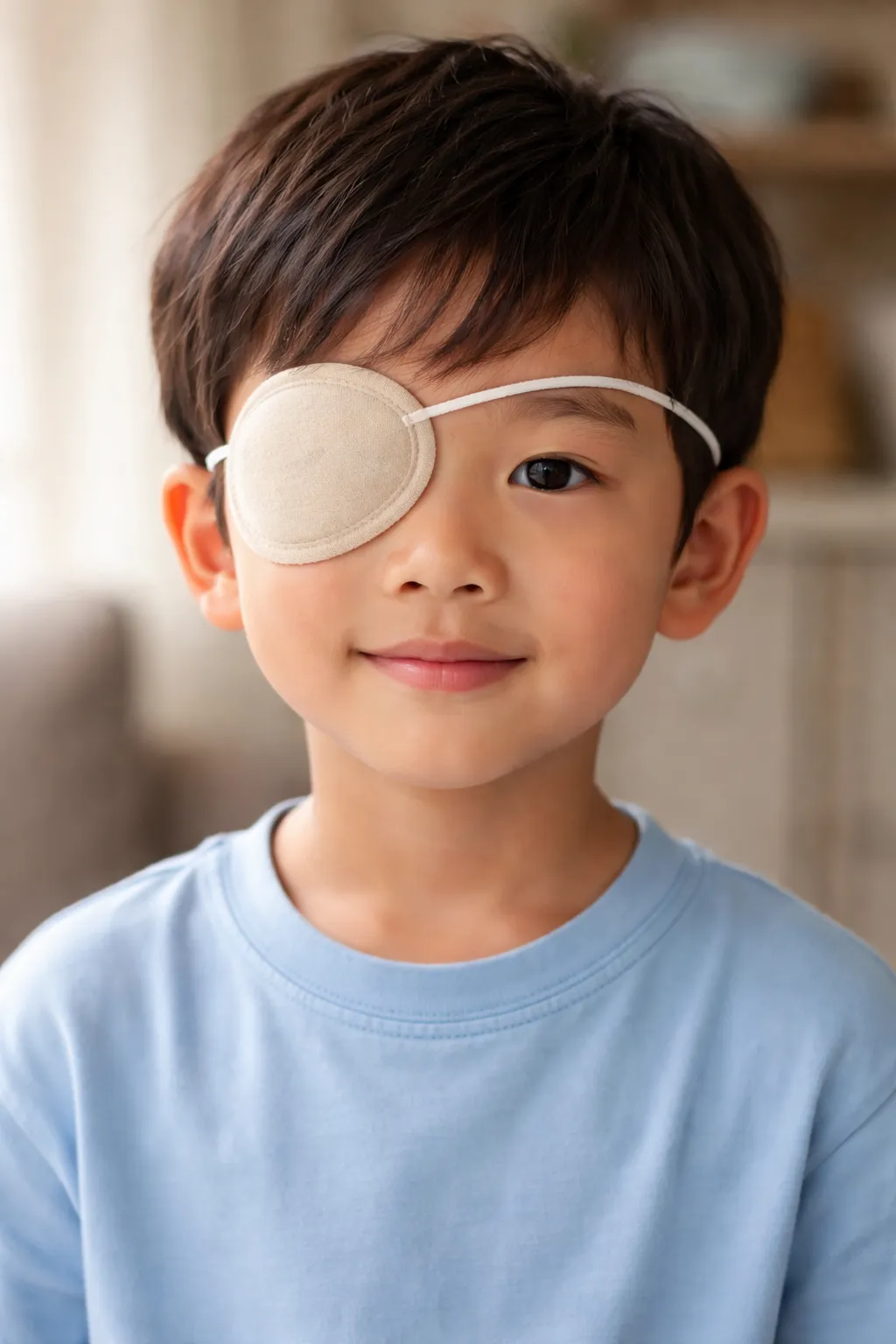 Smiling young boy wearing a beige medical eye patch over his right eye for vision treatment.