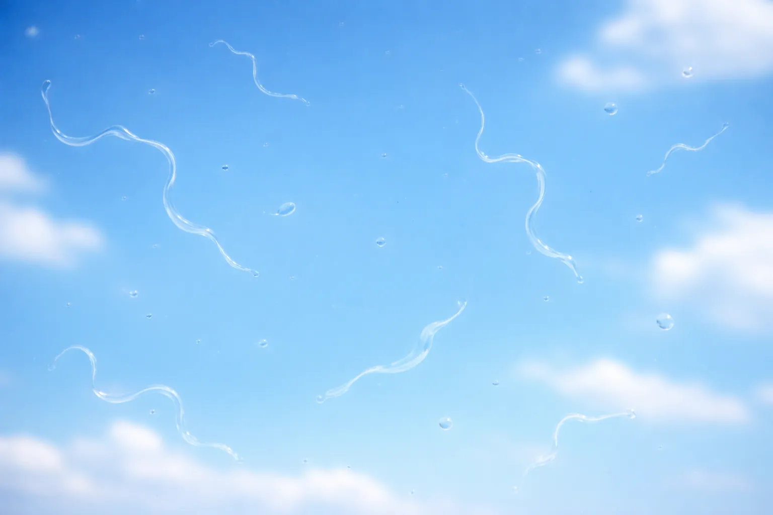 Visual representation of eye floaters, appearing as translucent, wavy threads and spots against a blurred blue sky.