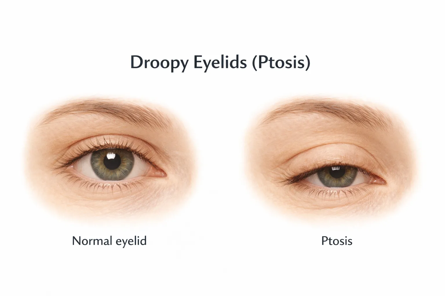 Comparison of a normal eyelid and an eyelid affected by ptosis (droopy eyelid), where the upper lid covers part of the iris.