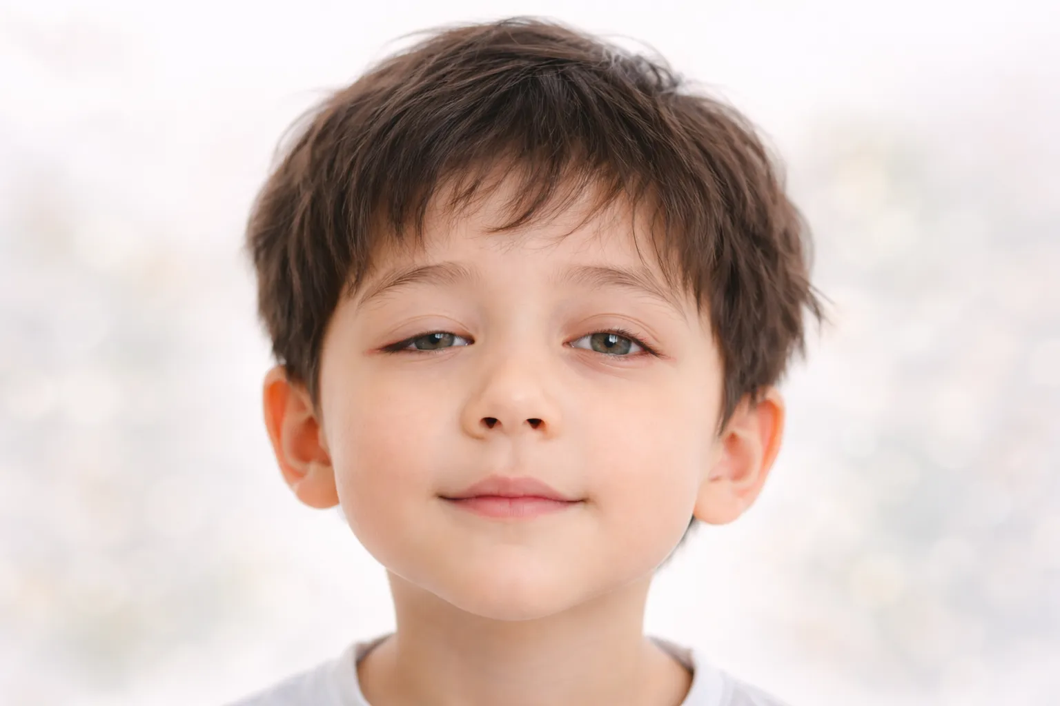 Young boy with dark brown hair and light skin, looking directly at the camera with a calm expression.