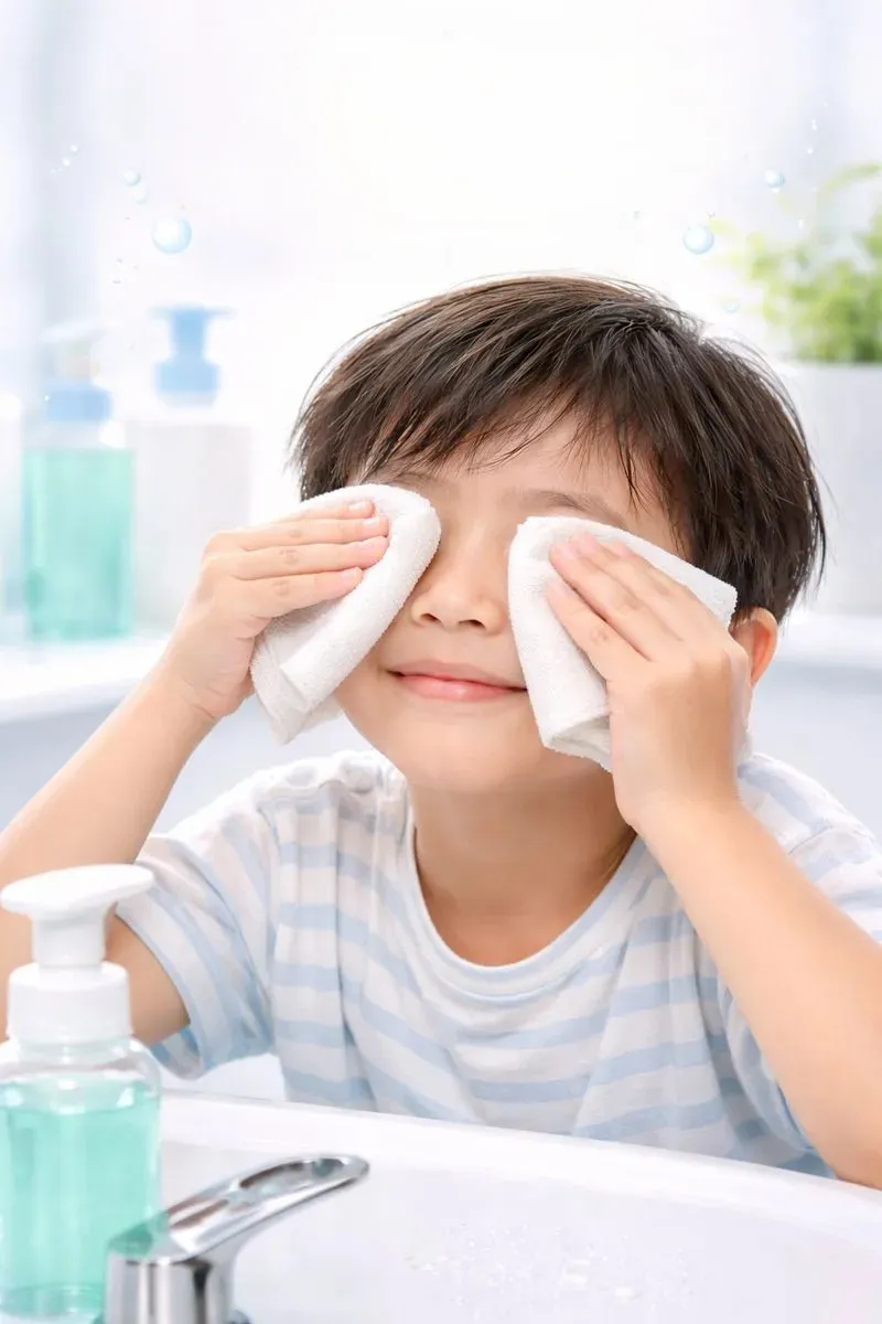 Young boy smiling while gently wiping his eyes with two white pads. A soap dispenser is visible in the foreground.