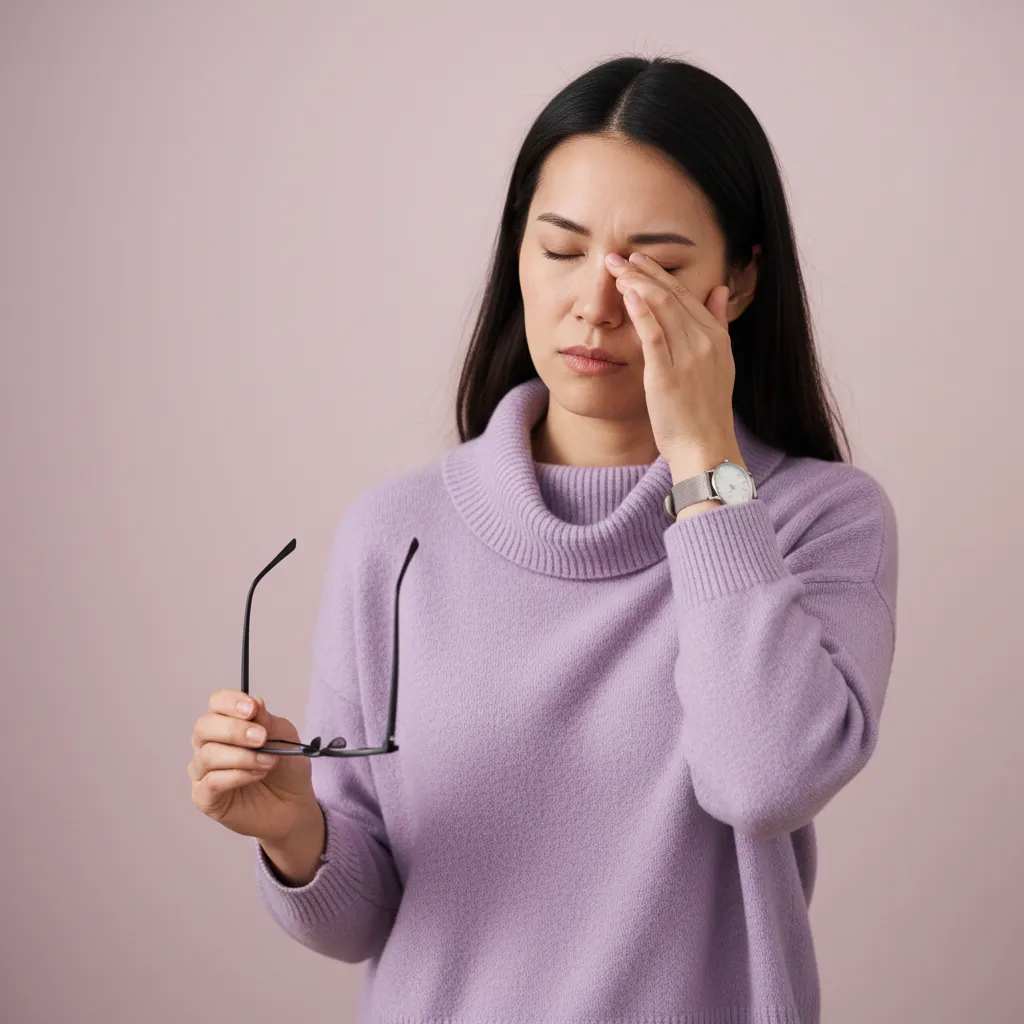 Woman in a lavender sweater rubs her irritated eye while holding her eyeglasses, showing signs of eye strain, fatigue, or dry eyes.