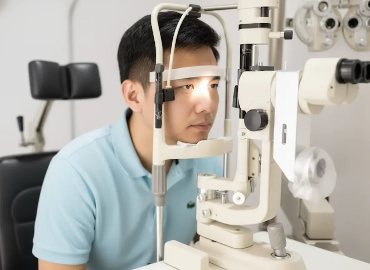 Man receiving an eye examination using a slit lamp machine at an optometry clinic.
