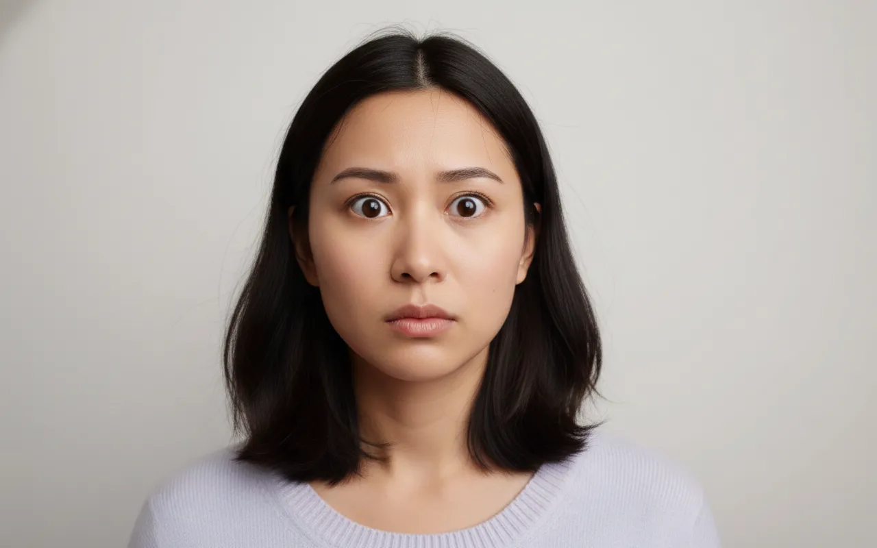 Headshot of a young woman with dark hair and wide-open eyes showing a look of surprise or shock.