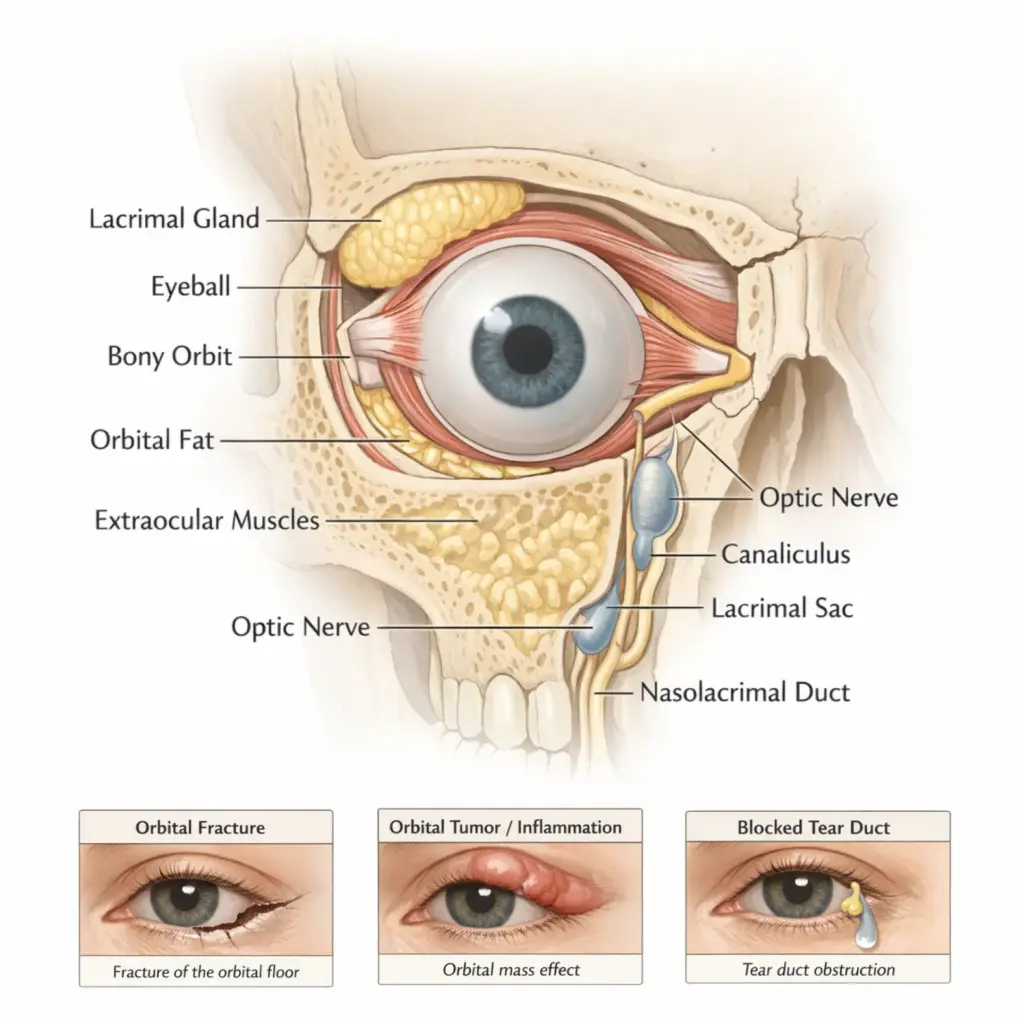 Labeled diagram of the eye orbit anatomy (muscles, optic nerve, lacrimal system) shown alongside three common orbital pathologies: fracture, tumor, and blocked tear duct.