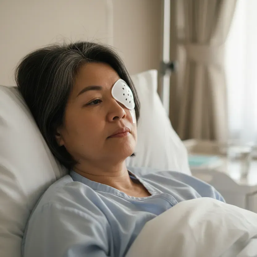 Woman recovering with eye patch on a hospital bed