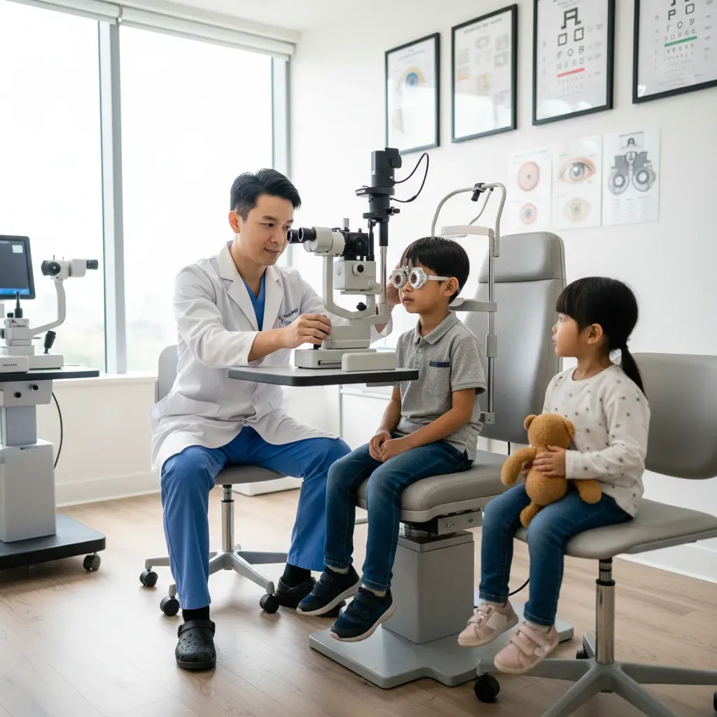 Ophthalmologist conducting an eye exam on a young boy using a slit lamp, while a girl holding a teddy bear sits nearby in a clinic.