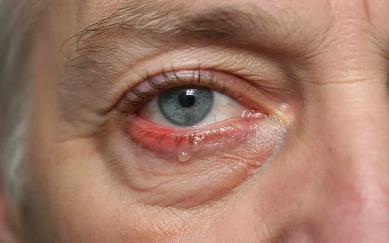 Close-up of an irritated blue eye; the lower eyelid is swollen, bright red, and has a tear rolling down the cheek.