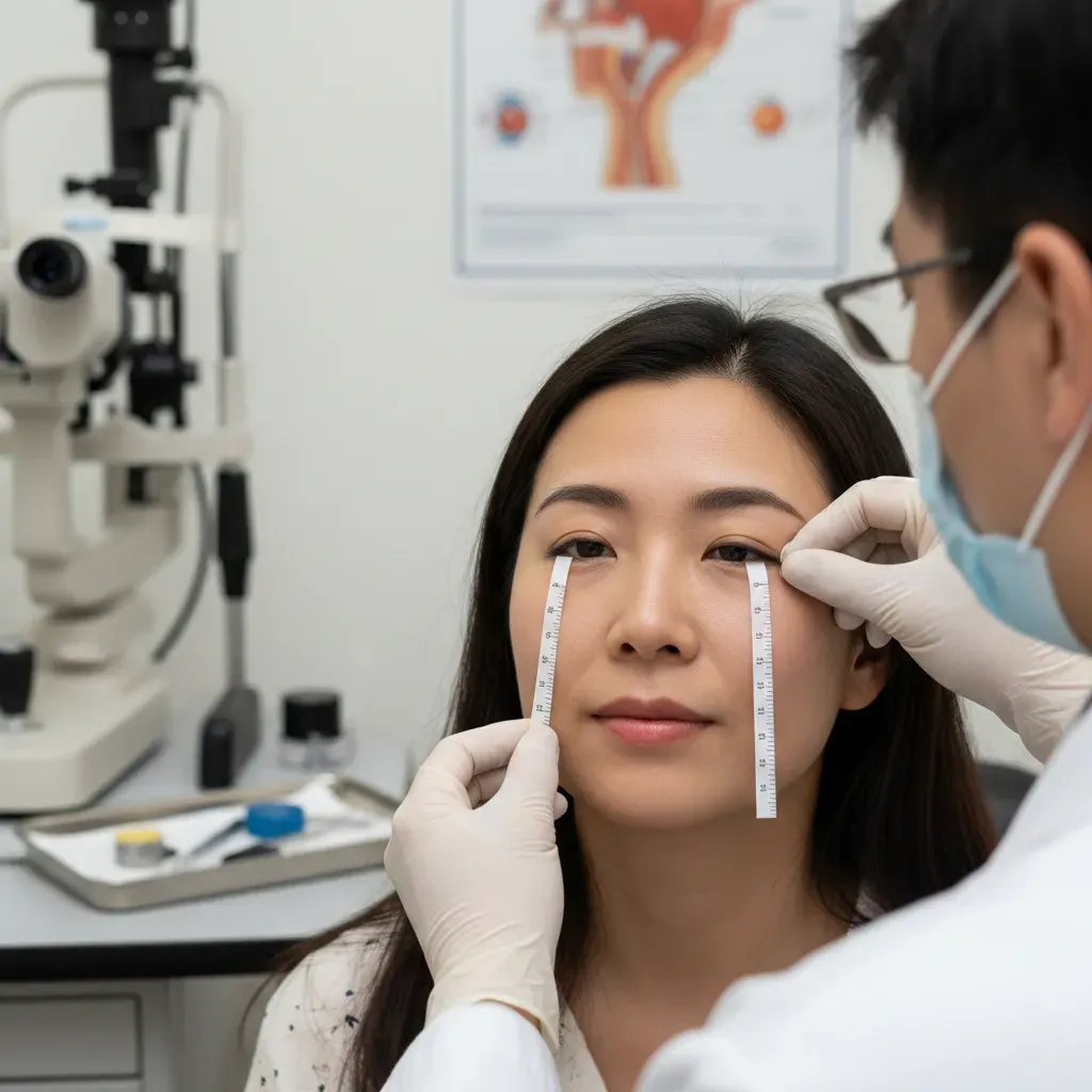 An optometrist, masked and gloved, uses measuring strips on a woman's eyes, doing tear film assessment, in an eye clinic with a slit lamp machine in the background.