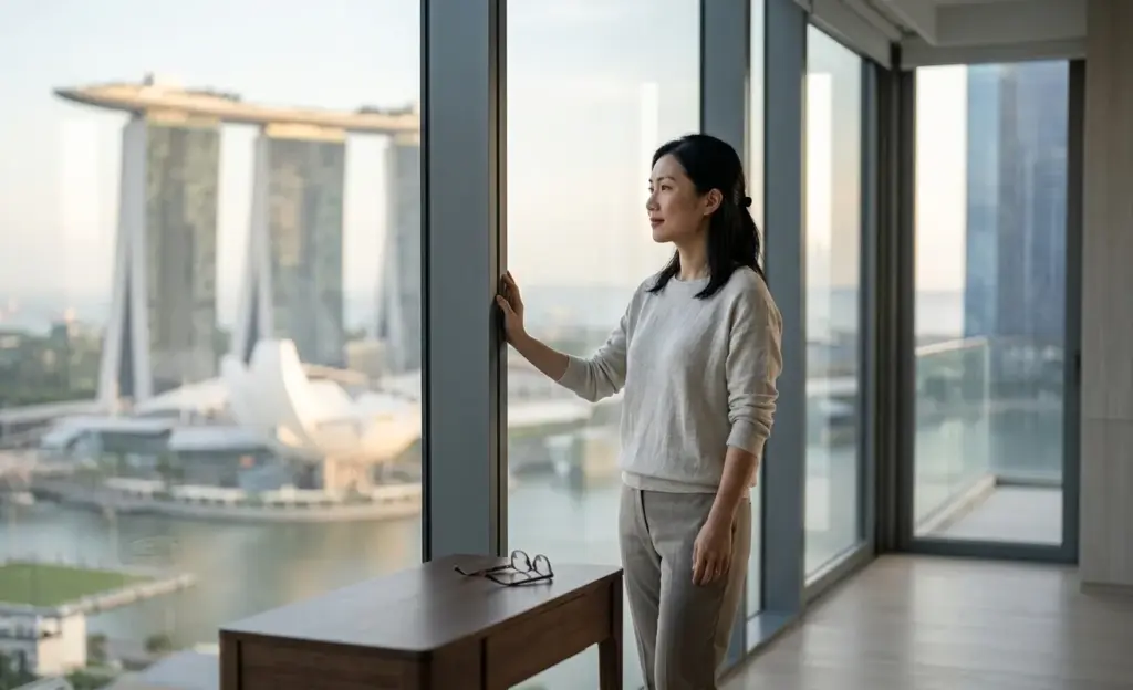 Woman looking out a high-rise window at the Singapore skyline, featuring Marina Bay Sands and ArtScience Museum.