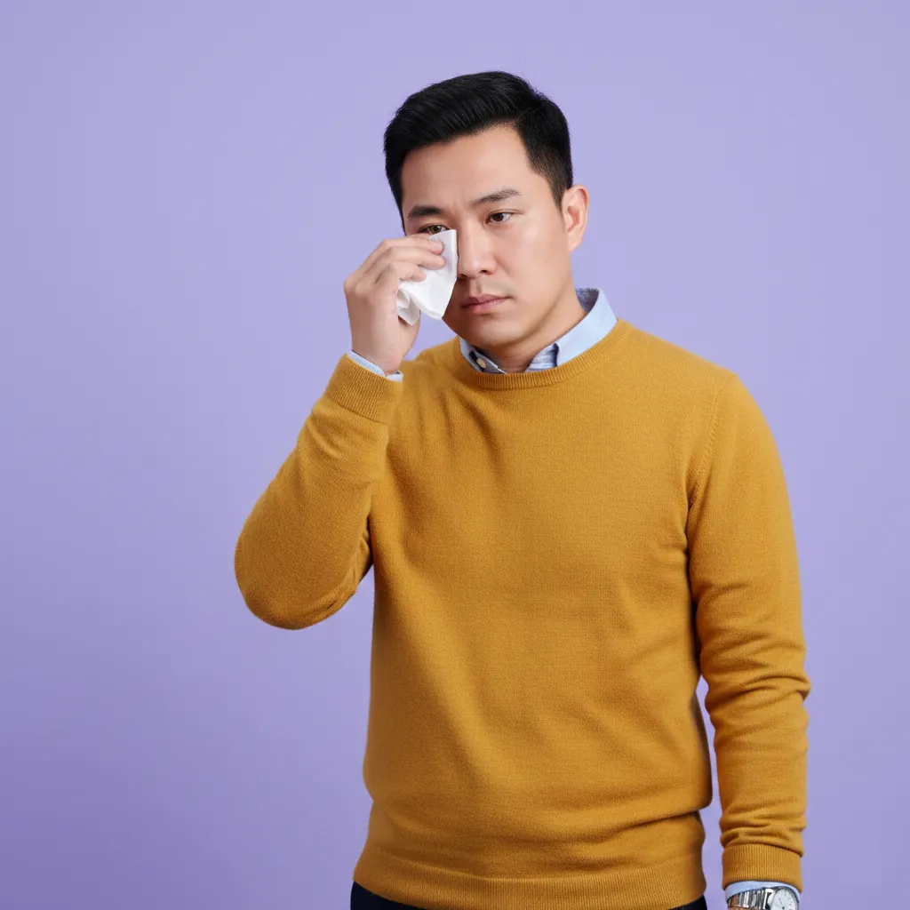 Man in a mustard sweater wiping a tear from his eye with a white tissue against a lavender background.