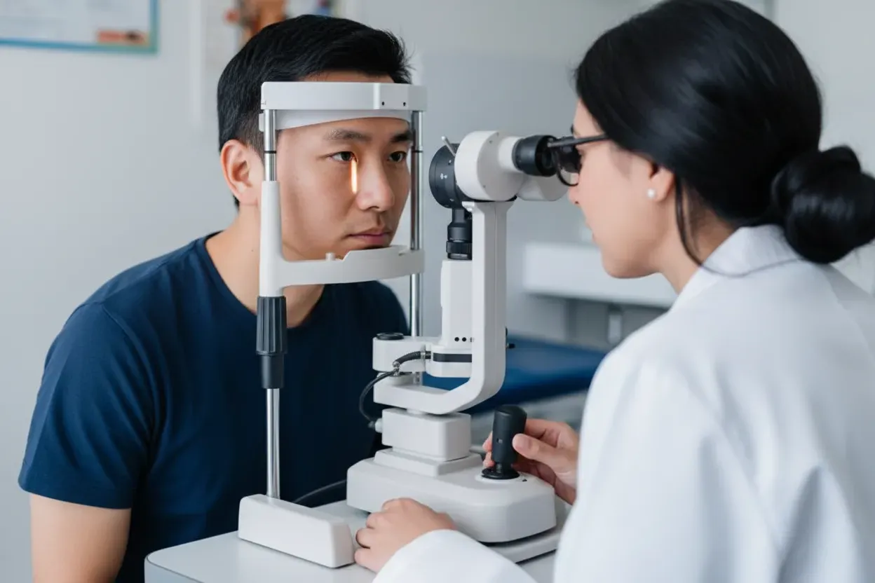 Optometrist examining a male patient's eye using a slit lamp microscope.