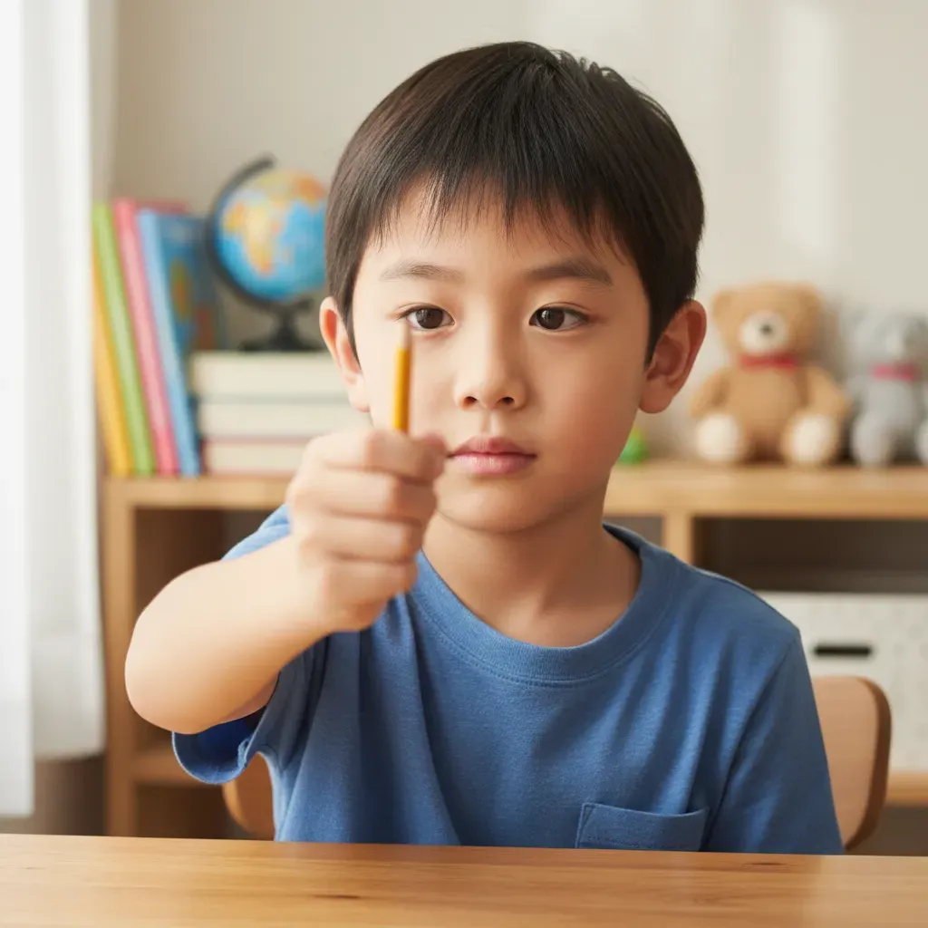 Young student in a blue shirt sitting at a desk, holding a pencil out toward the viewer in a classroom setting.