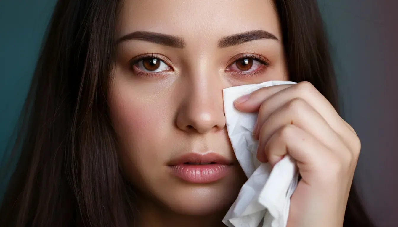 Young woman wiping tears from her eyes with a tissue, showing redness due to conjunctivitis.
