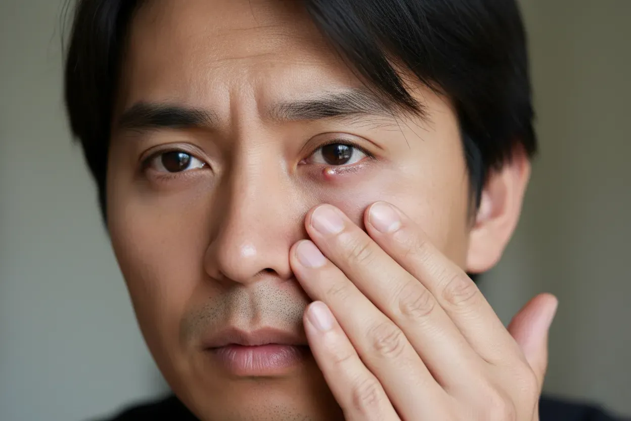 Man with a visible stye on his lower left eyelid, touching his face with a concerned expression.