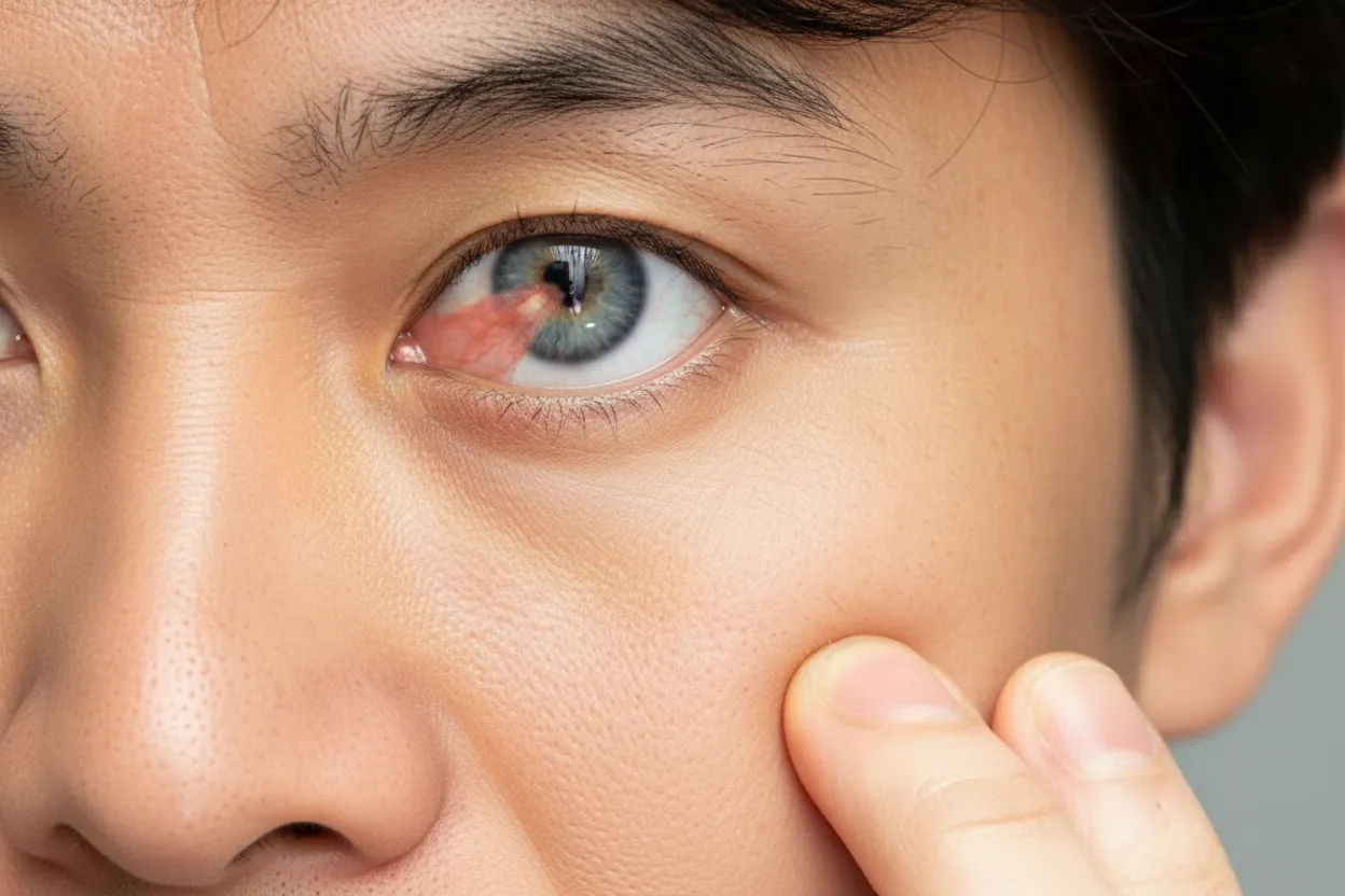 Close-up of a person's eye showing a pterygium, a reddish, wedge-shaped tissue growth extending across the sclera toward the pupil.