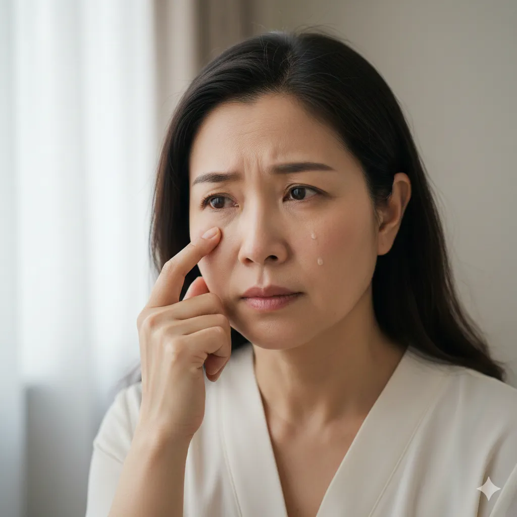 Middle-aged woman crying, looking concerned as she touches her cheekbone under her eye.