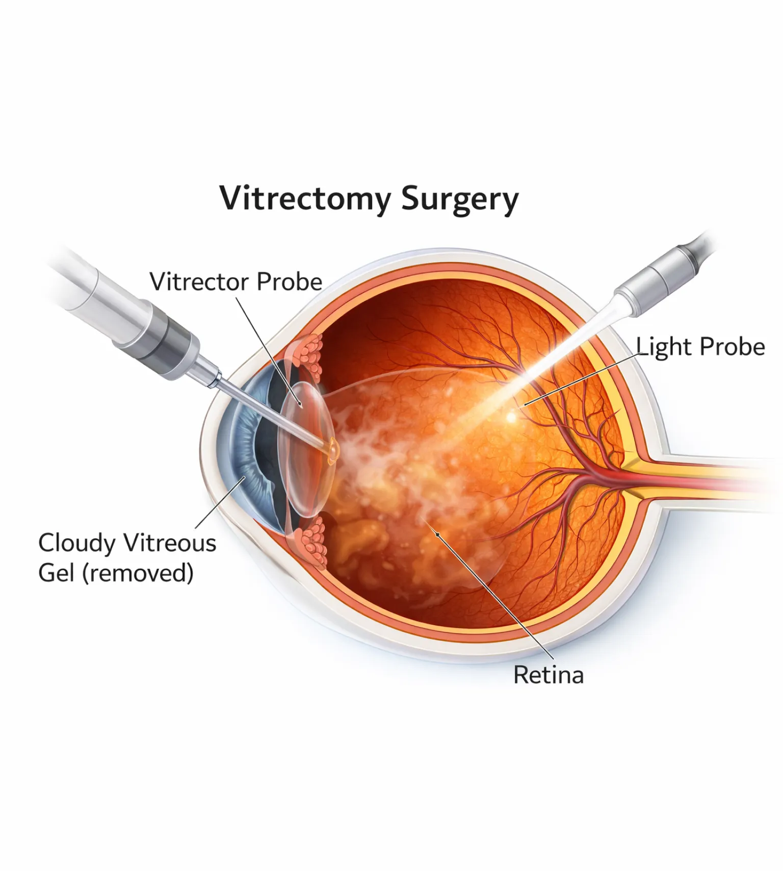 Illustration depicting vitrectomy eye surgery. A vitrector probe removes cloudy vitreous gel, illuminated by a light probe, providing a clear view of the retina.