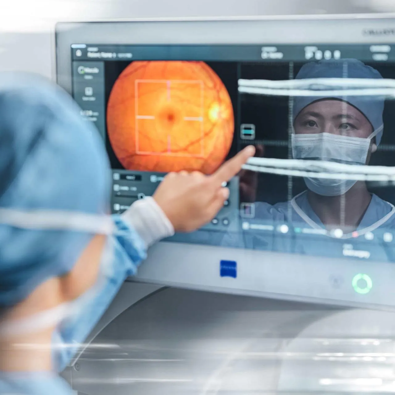 Medical professional points at a ZEISS medical screen showing a retina scan with a grid overlay, reflecting another masked professional.