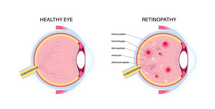 Comparison diagram of a healthy eye versus an eye with retinopathy, showing the retina affected by hemorrhages, exudates, aneurysms, and abnormal blood vessels.