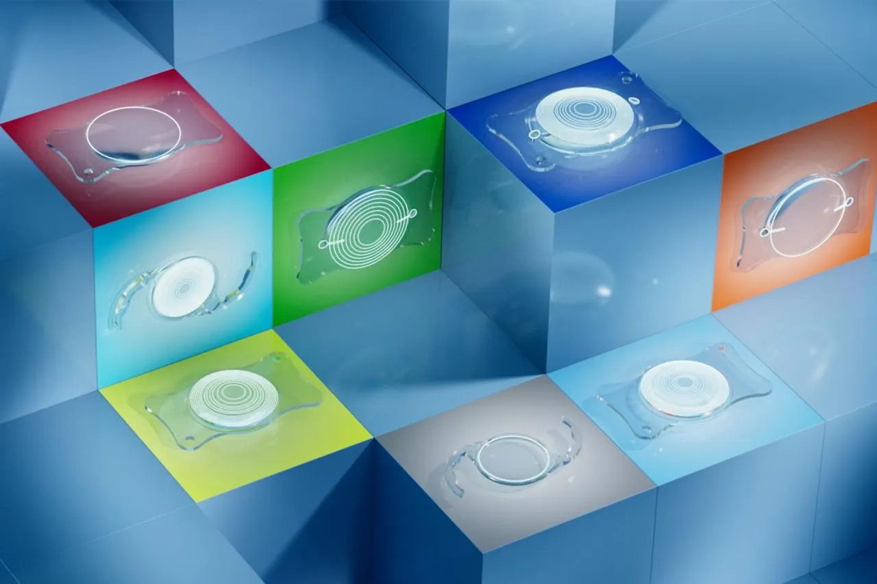 Different types of clear intraocular lenses (IOLs) with various designs, some smooth and some with concentric rings, displayed on colorful square panels within a blue geometric grid.