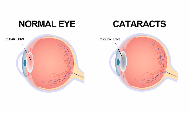 Diagram comparing a normal eye with a clear lens to an eye with cataracts, showing a cloudy, opaque lens.
