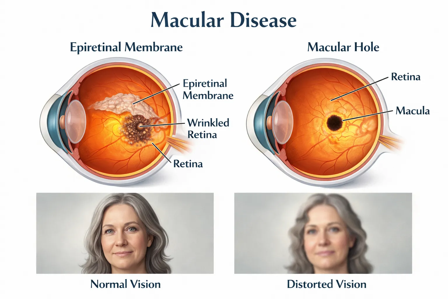 Macular Disease diagram showing an epiretinal membrane, wrinkled retina, and a macular hole. Below are side-by-side comparisons of normal vision and distorted vision experienced by a woman.