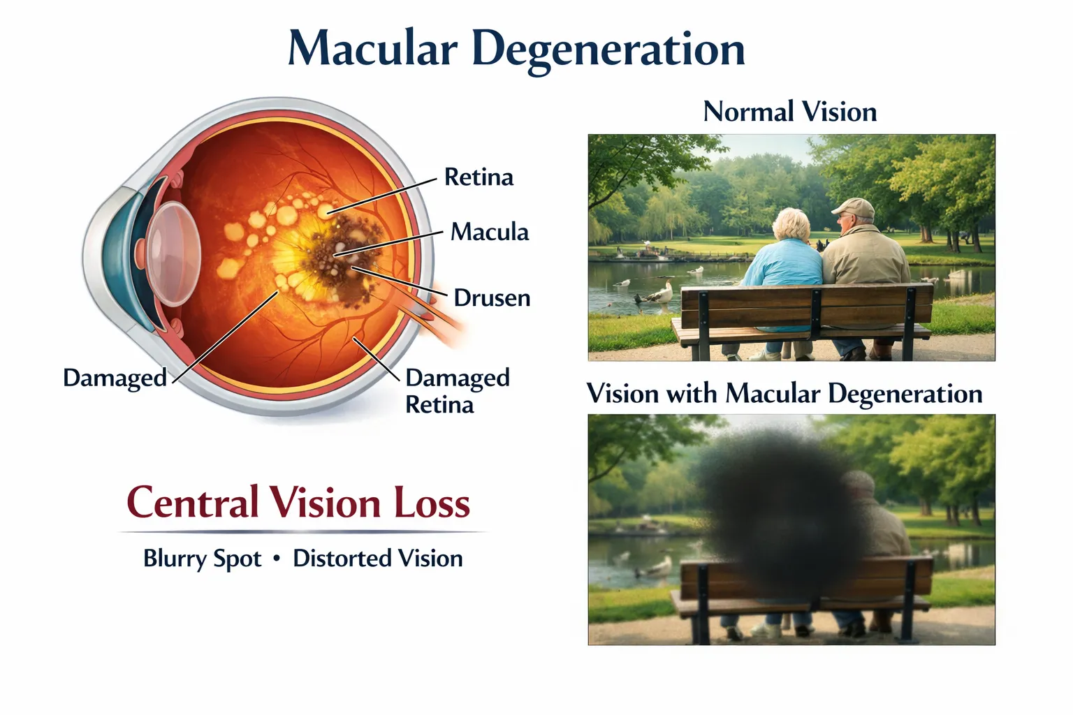 Illustration detailing Macular Degeneration. Shows an eye diagram with damaged macula, retina, and drusen. Also compares normal clear vision with vision having a large central blurry black spot, demonstrating central vision loss.