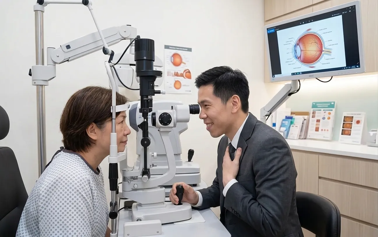 An Asian male ophthalmologist in a grey suit performs an eye exam on an older female patient using a slit lamp microscope. They are in a well-lit clinic.