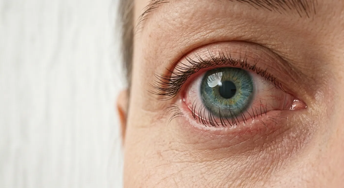 A macro close-up of a human eye with a blue iris, showing visible redness and irritation in the sclera, with the lower eyelashes resting closely against the eye surface.