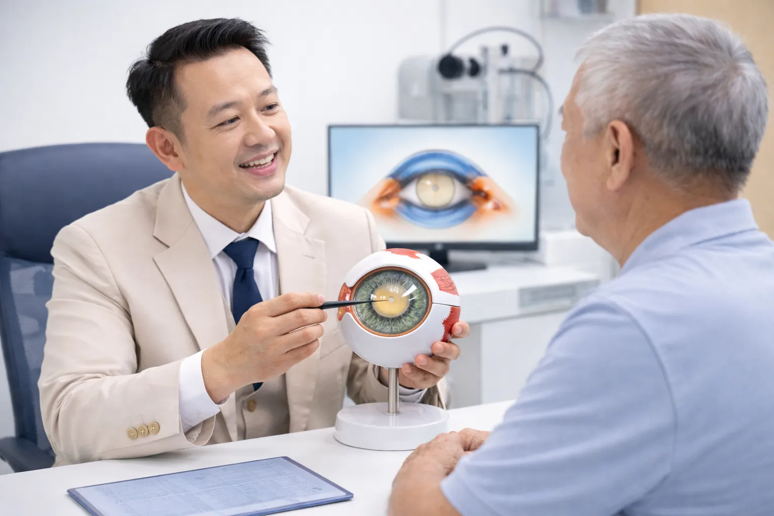 professional asian ophthalmologist explaining Extracapsular Cataract Extraction (ECCE) surgery to senior patient