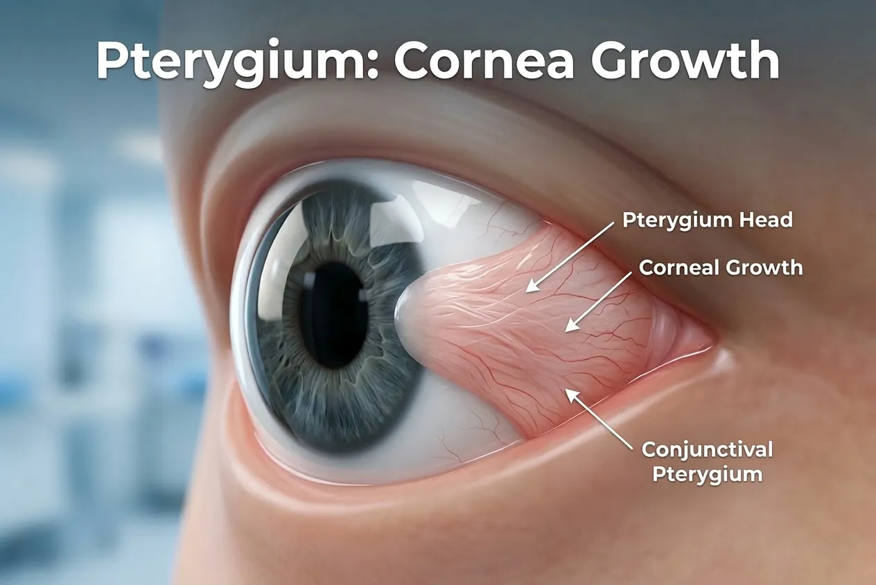 A 3D educational illustration of a human eye showing a pterygium, a fleshy, pinkish growth extending from the inner corner of the eye onto the cornea.