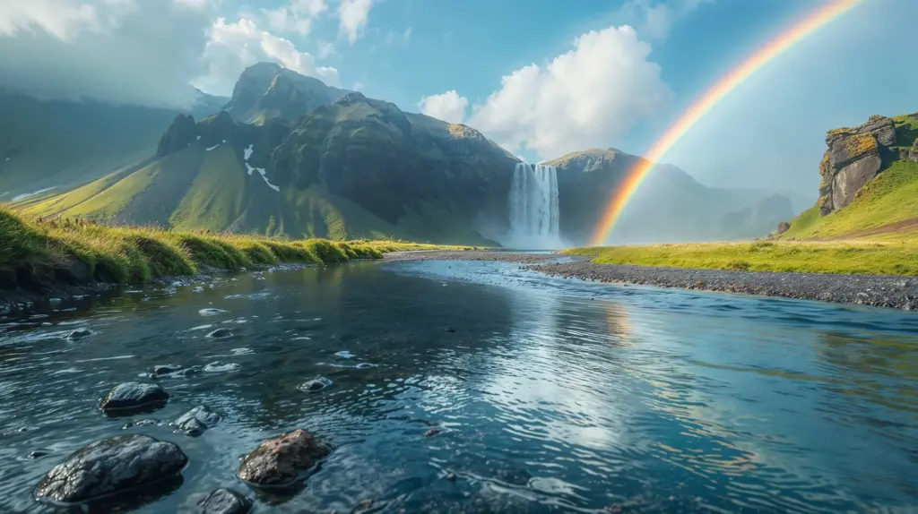 Waterfall with rainbow over river