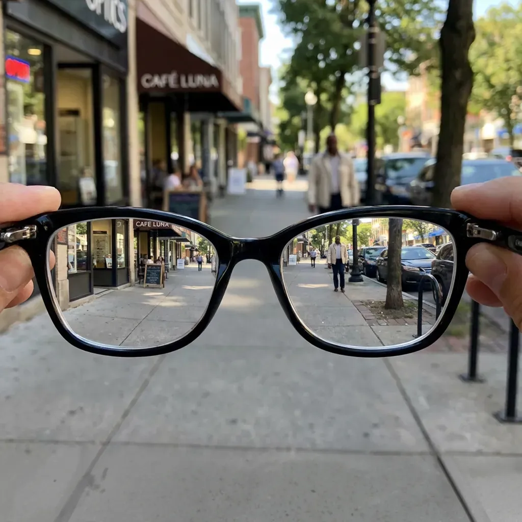 Black-framed eyeglasses held up, showing a clear, focused street scene through the lenses, while the view around them is blurry.