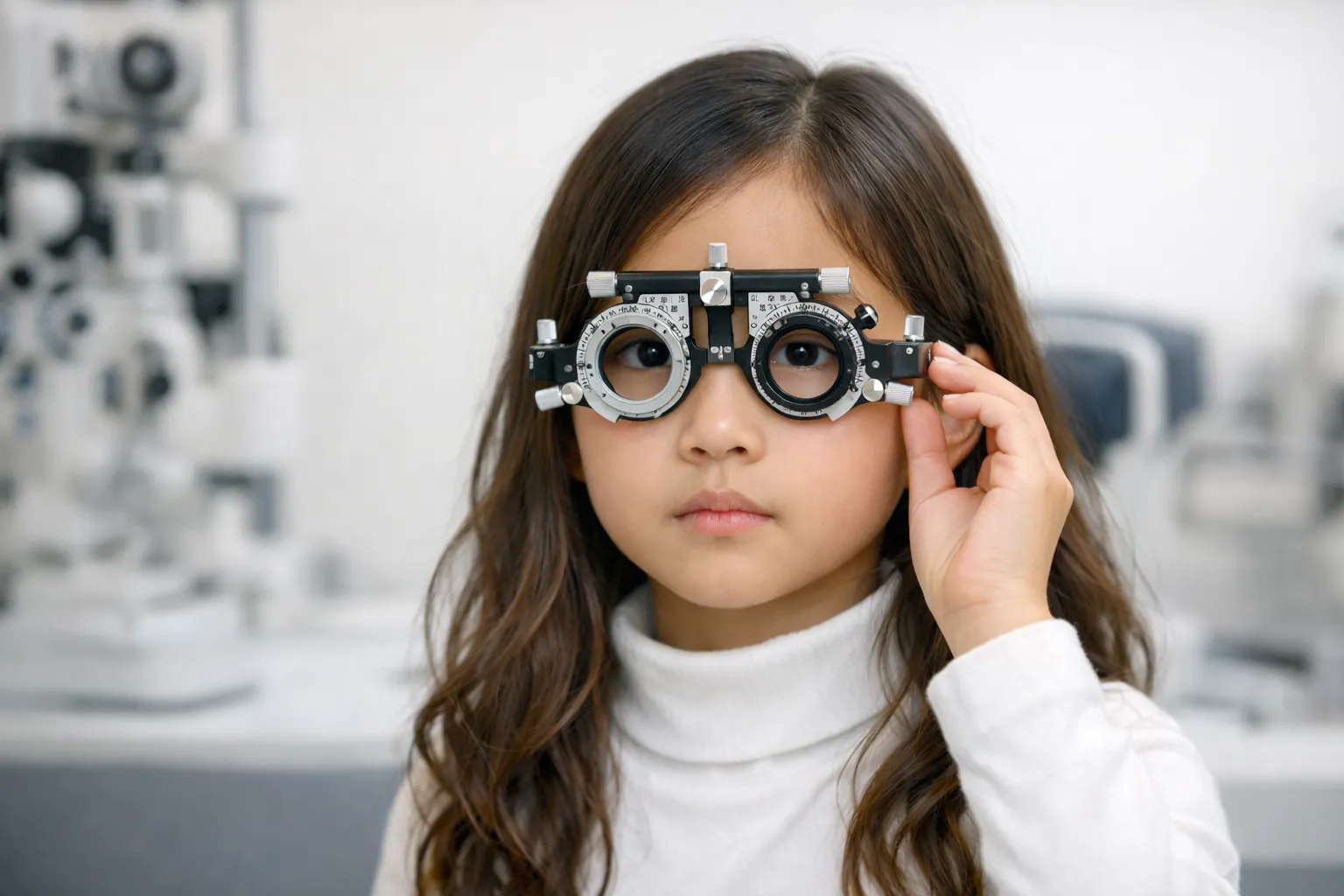 A young Asian girl with a serious expression looks through an adjustable optometrist trial frame during a pediatric eye exam.