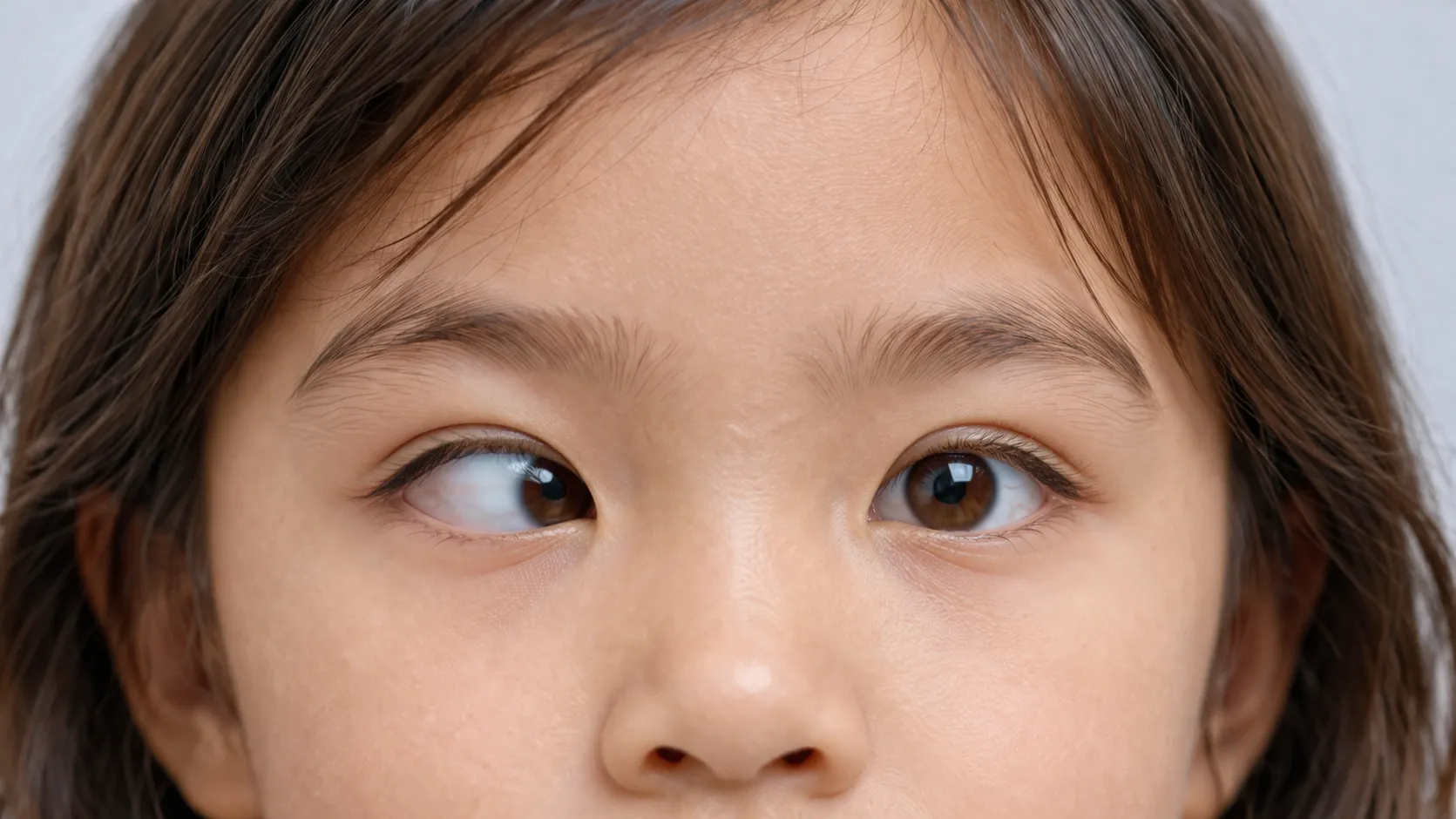 A close-up of a young Asian girl's eyes showing esotropia, where one eye is turned inward toward the nose while the other looks straight ahead.