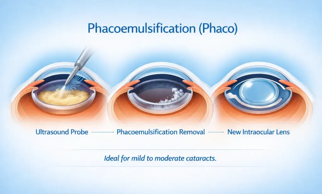 Phacoemulsification cataract surgery illustration showing ultrasound lens removal and intraocular lens implantation.