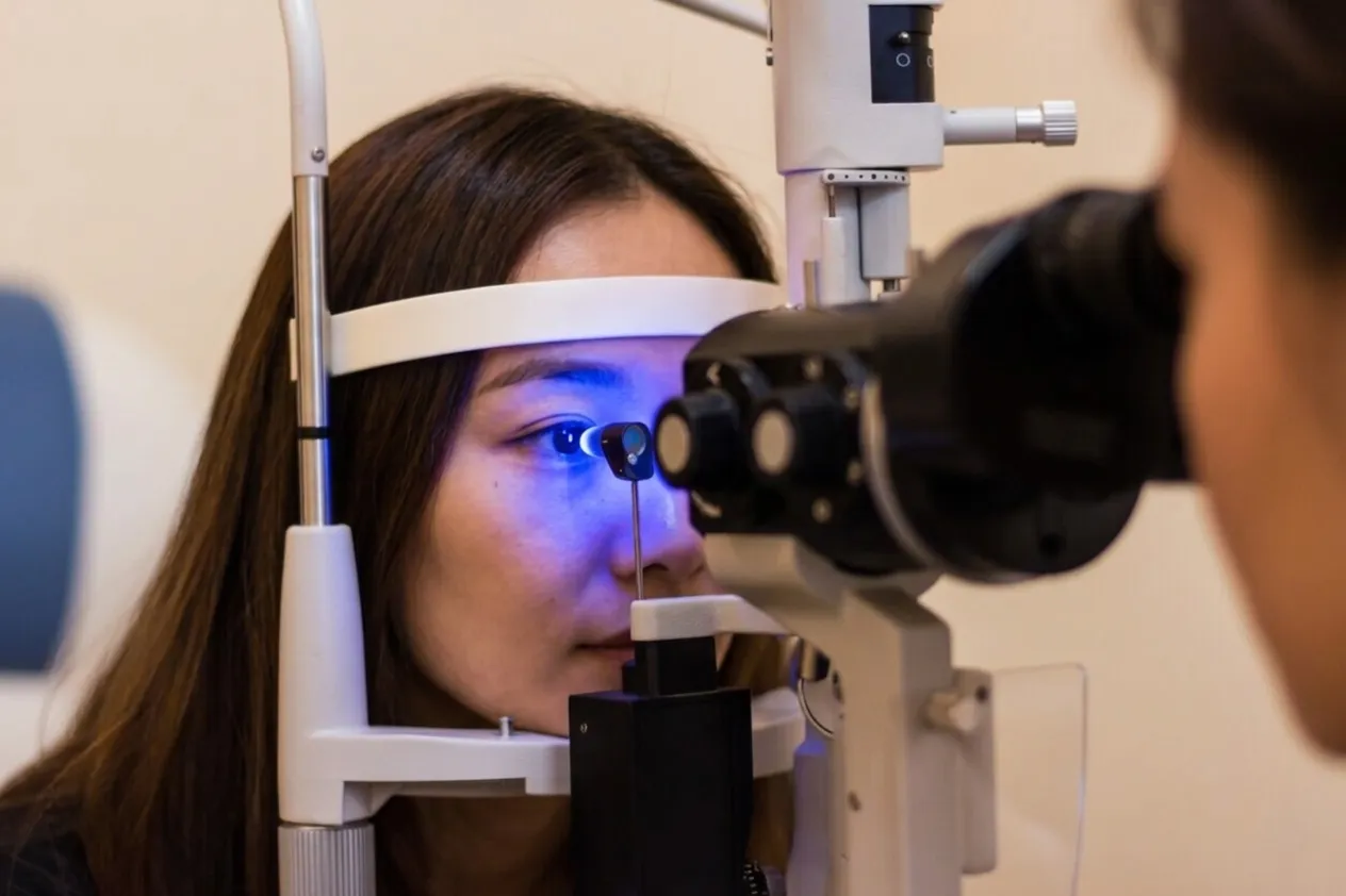 A close-up, profile shot of an Asian woman looking into an ophthalmic slit-lamp microscope as a doctor examines her eye under a blue light beam.