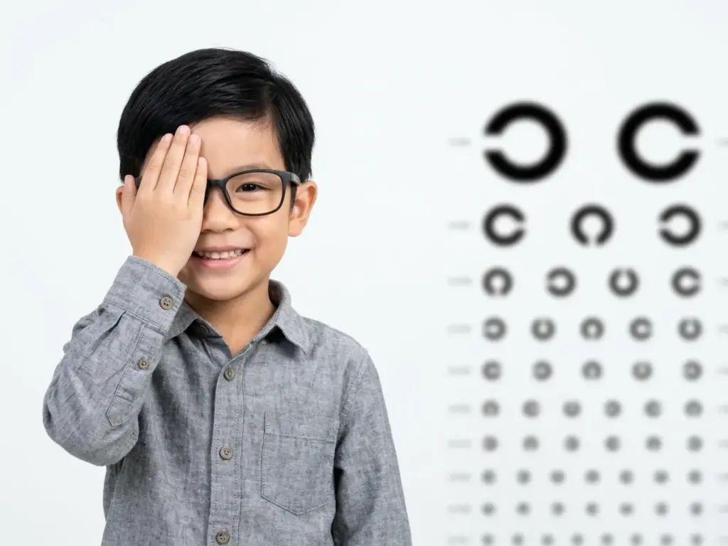 A smiling Asian boy with glasses covering one eye with his hand, standing next to a blurred Landolt C vision chart.