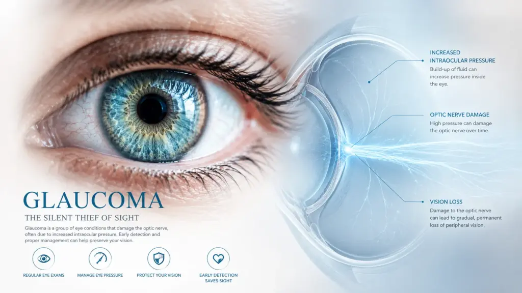 Glaucoma overview showing optic nerve damage and vision loss risk