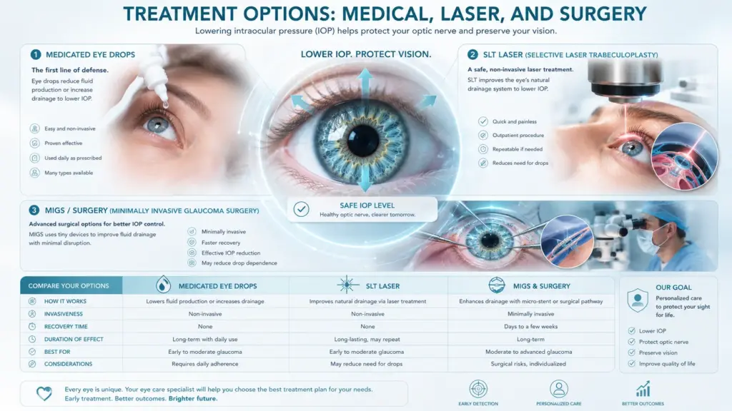 Treatment options for glaucoma: eye drops, SLT laser, and minimally invasive surgery