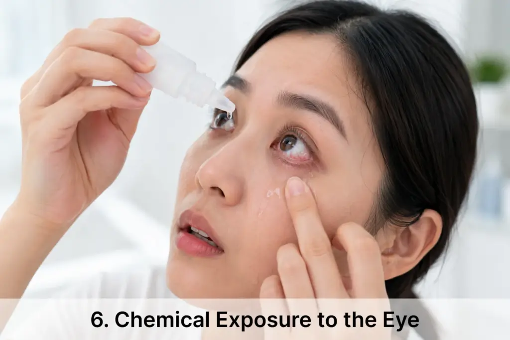 close-up of a woman flushing her irritated eye with sterile eye drops in a bright healthcare setting